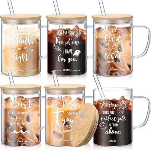 6 Pcs Christian Gift for Men Women 16 oz Glass Cup Gift Bulk with Handle with Lids and Straws Bible Vase Coffee Tumblers for Pastor Church Sunday School(Religious)