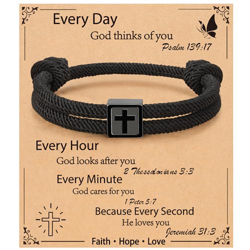 Christian Cross Bracelet for Boys Men- Adjustable Rope Bracelet Christian Religious Jewelry Gifts Ideas for Teen Boys Kids - color: Black-Every Day