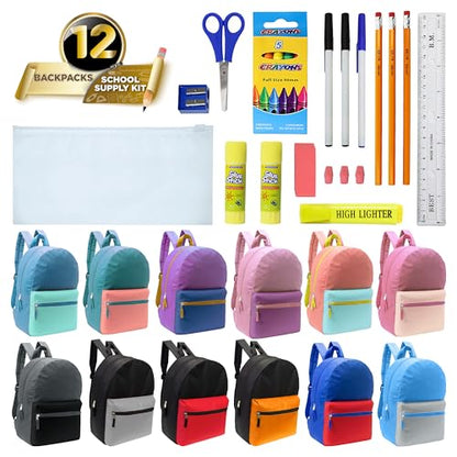 12 Pack 17" Bulk Backpacks with 22 Piece School Supply Kit, 12 Colors - color: 2 Tone, size: 22 Piece SS Kit