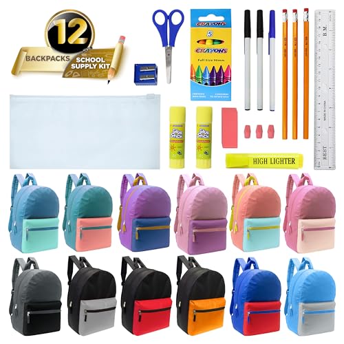 12 Pack 17" Bulk Backpacks with 22 Piece School Supply Kit, 12 Colors - color: 2 Tone, size: 22 Piece SS Kit