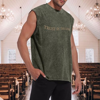 Mens Christian Tank Tops Trust in The Lord God Jesus Religious Faith Bible Verse Shirts Graphic Acid Wash Gym Tees - color: Army Green, size: Small