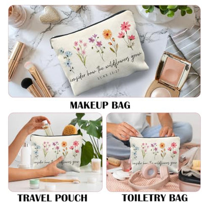 Christian Floral Makeup Bag, Christian Inspirational Gifts for Women, Religious Bible Verse Scripture Cosmetic Bag Canvas Toiletry Zipper Pouch for Women - color: LUKE 12:27