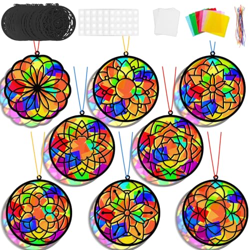 Lonfliness 32 Sets Suncatchers Craft Kit DIY Flower Window Stained Glass Effect Paper Spring Home School Classroom Decoration Art Craft Creative Activity Project Gift Favor - style: Mandala