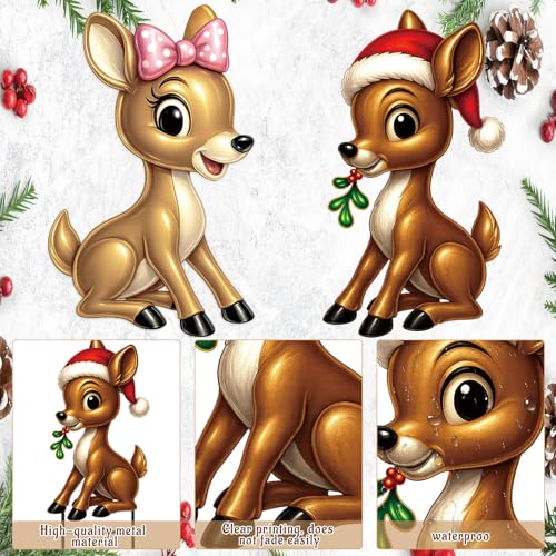 Moxweyeni 2 Pcs Outdoor Reindeer Christmas Decoration Cute Deer Sign Large Metal Reindeer Yard Sign with Stakes Christmas Farmhouse Deer Figurines for Lawn Garden Holiday Display - style: Cute Reindeer