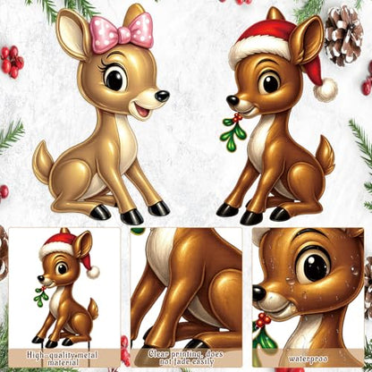 Moxweyeni 2 Pcs Outdoor Reindeer Christmas Decoration Cute Deer Sign Large Metal Reindeer Yard Sign with Stakes Christmas Farmhouse Deer Figurines for Lawn Garden Holiday Display - style: Cute Reindeer