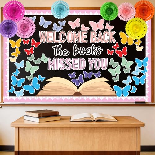 Welcome Bulletin Board Set Welcome Back The Books Missed You Reading Bulletin Board Decoration, Colorful Paper Fan Butterfly Cutout for Back to School Library Classroom Wall Door Chalkboard Decor - color: Colorful