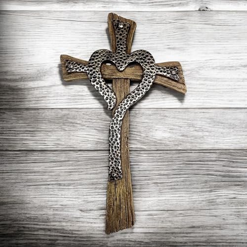 Rustic Resin Heart Cross Wall Decor – 12 1/2” Faux Wood and Hammered Metal Look Religious Wall Cross – Christian Home Decor Symbolizing Love and Faith – Farmhouse Style Wall Hanging Jesus Art Sculpture