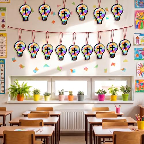 Renbuzhu 48PCS Sunday School VBS Crafts Bulk: Paper Lightbulb Cross Nativity Suncatchers, Jesus Religious Christian Activity DIY Kits Church Decorations, Window Stained Glass Effect Art Supplies - style: bulb cross