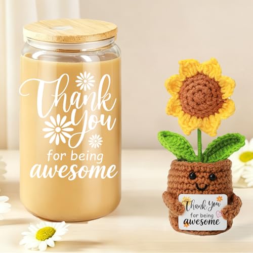 MUJUZE Thank You Gifts for Women, 16 oz Glass Tumbler & Crochet Sunflower - color: Thank You Cup Set