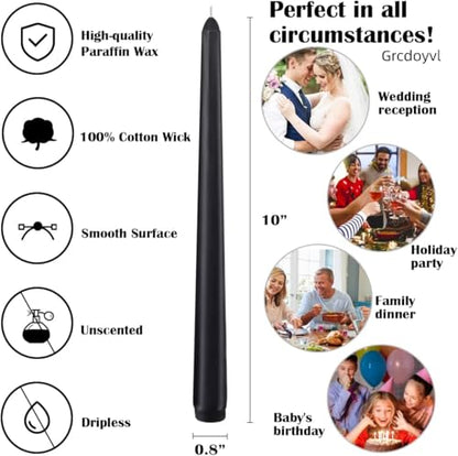14 Unscented Black Taper Candle,10 inch Tall and 3/4 inch Thick,7.5 hrs Clean Burning,Dripless Candles for Weddings, Prayers, Festivals, Churches - color: 10"14pcs-Black