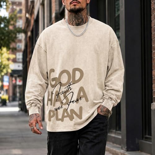 Mens Christian Long Sleeve Shirt Faith Over Fear God Jesus Faith Acid Wash T Shirt Religious Graphic Tee Vintage Top - color: Apricot, size: Medium