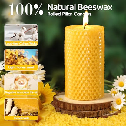 Beeswax Pillar Candles,Non-Toxic Honeycomb Bees Wax Candle for Home,Yellow - color: 2x4in, size: 3pcs