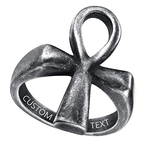 ChainsProMax Can Engrave Men Ancient Egyptian Eye of Ra Ankh Cross Ring, Size #7-#14, Stainless Steel/Gold Plated/Black (Send Gift Box) - color: Engrave-ankh cross-grey