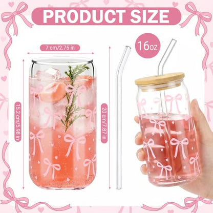 Drinking Cups with Lids, 12Pack, Glass, 16oz, Iced Coffee Coquette - style: 12Pcs Pink Bow
