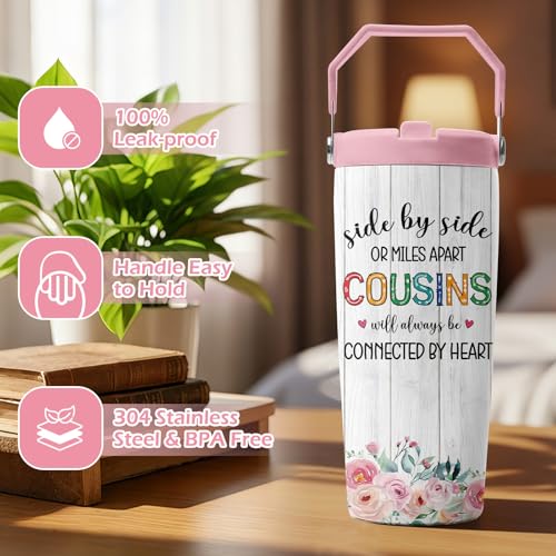 Hiboss Cousin Gifts for Women, Cousin Tumbler with Handle and Flip Straw 28oz, Insulated Stainless Steel Travel Cup Mug, Birthday Gifts for Female Cousins Sisters Friends - color: Cousin