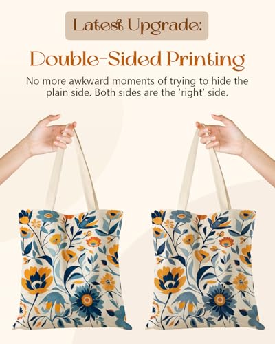 Miss Adola Canvas Tote Bag for Women with Zipper, Blue Yellow Flower - color: Blue Yellow Flower