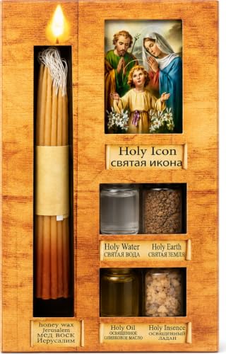 Zuluf Anointing Oil Gift Set Holy Icon Christian Keepsake from Jerusalem Bethlehem with Beeswax Candle, Holy Water, Blessed Earth, Olive Oil, Incense for Baptism, Christening, Godparent Faith Gift