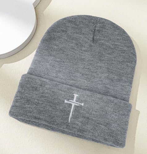 Christian Jesus Cross Beanie - Faith Winter Beanie Hats for Men Women - Religious Gifts for Christmas & New Years - color: Three Nails Cross/Grey