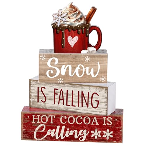 Lineshading 4 Pcs Christmas Table Decor, Hot Cocoa Wood Block Sign Home Set - style: Chocolate
