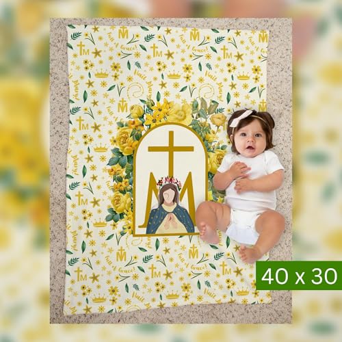 White Baby Blanket Baptism, Hail Mary Full Of Grace Yellow Floral Blanket For Catholic Babies & Adults, Baptismal Baby Gift, Marian Devotion, Velveteen Minky Blanket, Baby Girl Christian Gifts - color: #Ver16