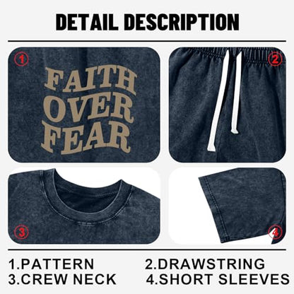 Men's Christian Shirt and Shorts Set Oversized Faith Over Fear T Shirt Washed Religious Bible Verse 2 Piece Outfits - color: Denim Blue, size: Small