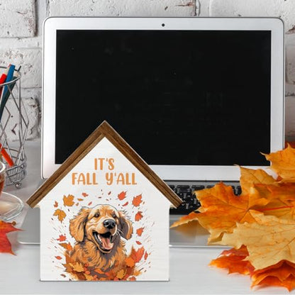 Fall Dog Decorations, Golden Dog Maple Leaves House Shaped Wood Block Sign - color: Its