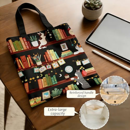 Canvas Tote Bags Reusable Shopping Bag for Women with Zippered Inner Pocket Magnetic Snap Closure - color: Bookshelf Cats