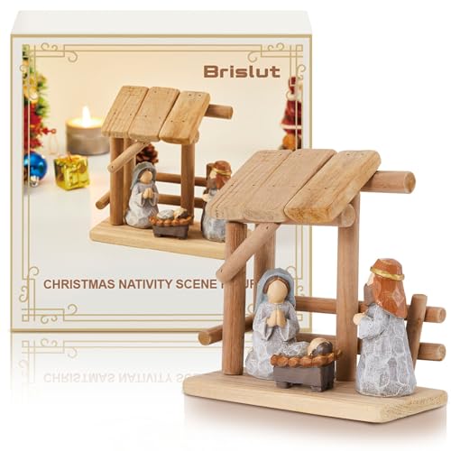 Christian Nativity Scene Decoration with Gift Box, Hand-Painted Resin Figurines with Wooden Stable, 6.7 Inches Tall, Perfect for Christmas Tabletop, Holiday Dining Table & Fireplace Decor