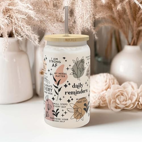 Daily Affirmation Iced Coffee Cup [Frosted], Glass Cups with Bamboo Lids and Straws | 16 oz Mason Jar Drinking Glasses & Boba Cup | Glass Tumbler with Straw and Lid Mental Health [Vulgar Edition] - color: Affirmation (Vulgar)