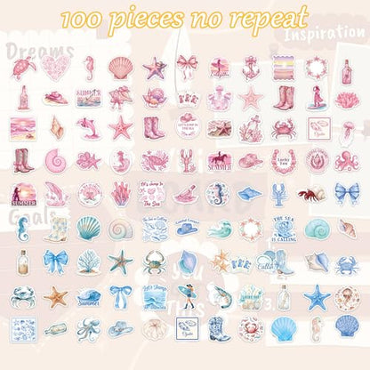 100 Pcs Ocean Stickers, Sea Life Beach Aesthetic Stickers - color: Ocean Beach Summer