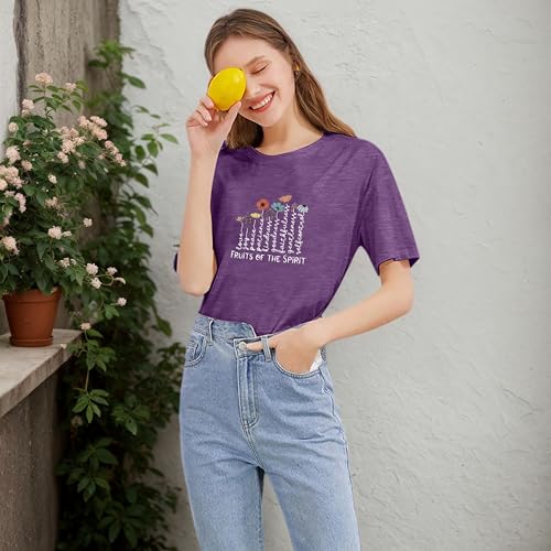 Women's Christian Shirt Fruit of The Holy Spirit Flower T-Shirt Inspirational Bible Text Top - color: Z-q6013-purple, size: Medium