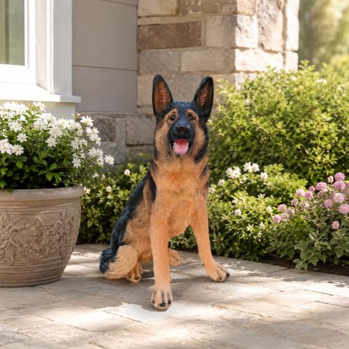 Realistic Large German Shepherd Dog Garden Statue, Finely Sculpted Lifelike Black and Tan Alert Sitting Dog Figurine, Weather-Resistant Outdoor Sculpture for Yard, Lawn and Pet Memorial Gift - color: German Shepherd Alert Sitting
