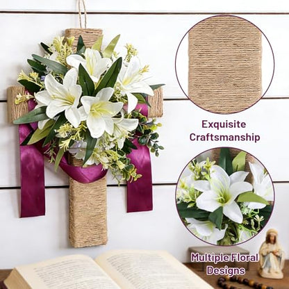 Easter Cross Wreaths for Front Door, 16" Religious Spring Wreath with Lily and Purple Ribbon, Christian He is Risen Easter Decor, Rustic Twine Wrapped Hanging Ornament Wall Porch Farmhouse Home Decor