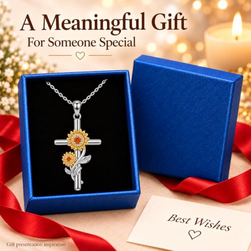 Distance Cross Necklace for Women 925 Sterling Silver Jewelry Pendant Necklace for Mom Wife Gift for Mother's Day or Birthday - style: Two Sunflower Cross Necklace
