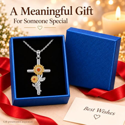 Distance Cross Necklace for Women 925 Sterling Silver Jewelry Pendant Necklace for Mom Wife Gift for Mother's Day or Birthday - style: Two Sunflower Cross Necklace