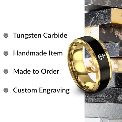 Gift for Nautical Fan - Anchor With Rope Ring - Men Women - Tungsten - Flat Dome Bevel - Band - Yellow Gold Black Silver Blue - Anniversary Wedding - 8mm - Brushed Polished - Personalized Custom Engra - color: 07 - Yellow Gold Black Tungsten