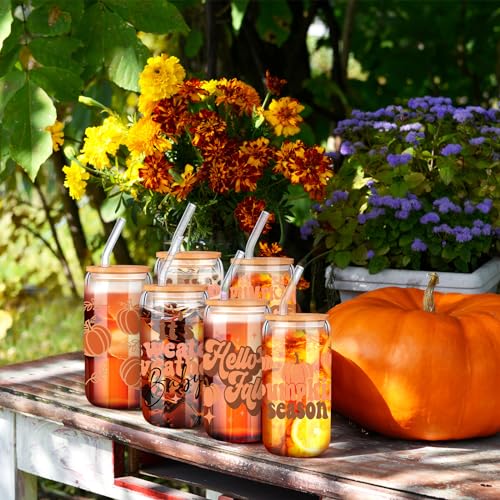 SiliFine 6 Pcs Fall Glass Cups, 16 oz with Lids and Straws - style: Fall Pumpkin Maple