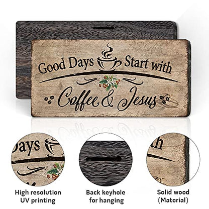 Rustic Wood Plaque Sign,Good Days Start with Coffee and Jesus Wall Decor, Farmhouse Coffee Bar Accessories & Kitchen Wall Art, Christian Gifts for Women Coffee Lovers,Ready to Hang16*8 In