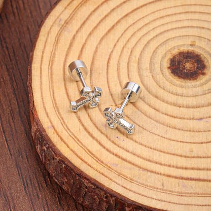 Mikovivi Titanium Steel Cross Flat Screw Back Small Stud Earrings