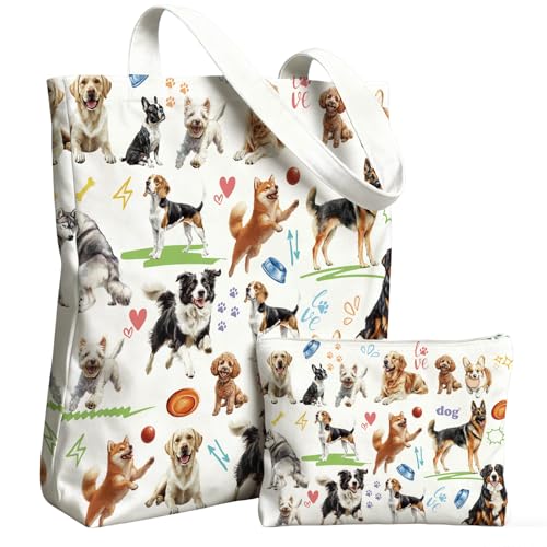 2 Pack Canvas Tote Bag with Makeup Zipper Pouch Colorful Polyester Printed Reusable Shopping Bags for Women - style: Dog