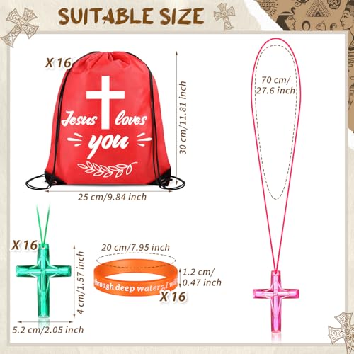 48 Pcs Bible Verse Party Favors Includes 16 Jesus Loves You Drawstring Backpack 16 Bible Verse Bracelets 16 Cross Necklaces for Christmas Shoebox Gift Easter Vacation Bible School