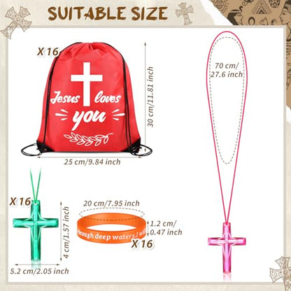 48 Pcs Bible Verse Party Favors Includes 16 Jesus Loves You Drawstring Backpack 16 Bible Verse Bracelets 16 Cross Necklaces for Christmas Shoebox Gift Easter Vacation Bible School
