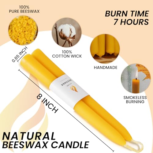 10-Pack 8" Natural Yellow Pure Beeswax Taper Candles, Dripless & Smokeless - color: Yellow, size: 8“