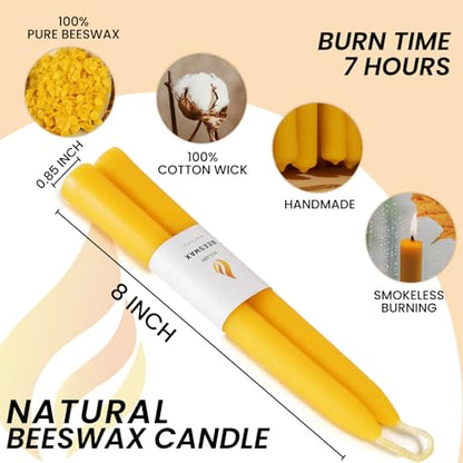 10-Pack 8" Natural Yellow Pure Beeswax Taper Candles, Dripless & Smokeless - color: Yellow, size: 8“