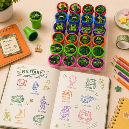 Cinrobiye 24 Pcs Military Stampers for Kids, Pre-Inked Army Soldier Stamp Set, Military Birthday Party Favors, Classroom Rewards, Goodie Bag Fillers, Treasure Box Prizes, Carnival Supplies - color: Army