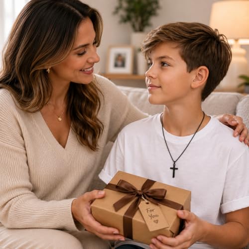 Small Cross Necklace for Boys Baptism Christmas Confirmation Valentines Easter Birthday Gifts to Teens Son Grandson Nephew - color: black, style: Grandson