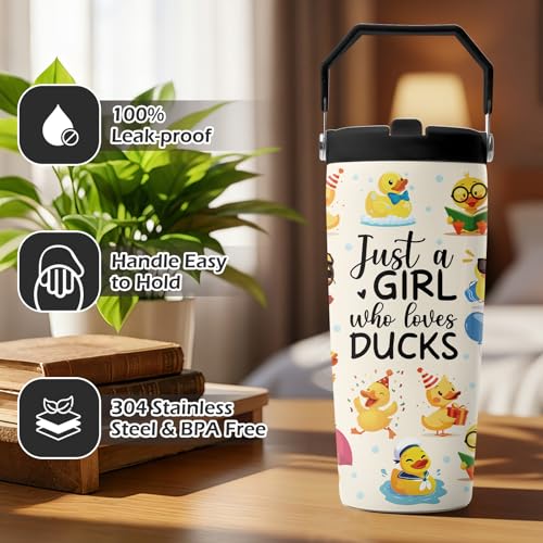 Hiboss Duck Tumbler with Handle and Flip Straw 28oz, Insulated Stainless Steel Travel Just a Girl Who Loves Duck Cup Mug, Birthday Rubber Ducks Lover Gifts for Women Girls - color: Duck