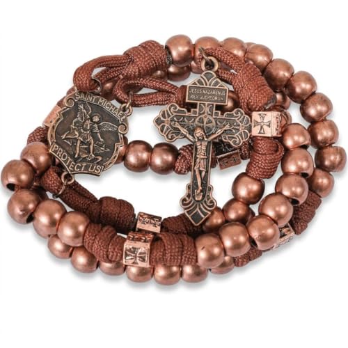 Nazareth Store St Michael Paracord Rosary Beads Rugged Rosary Necklace Strong Corded Catholic Pardon Crucifix - color: Antique Copper