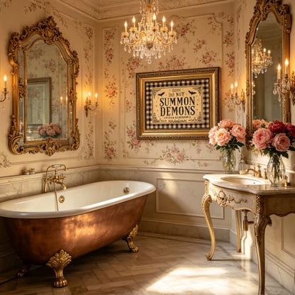 Gold Framed Please Do Not Summon Demons In The Bathroom Wall Art 9X11 in - color: Gothic Bathroom 1, size: 11"L x 9"W