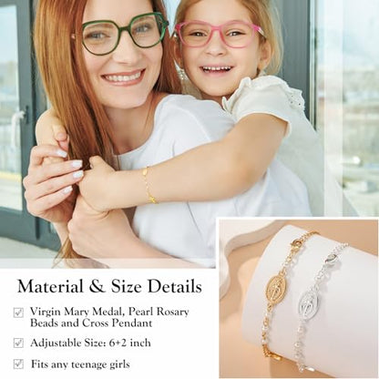 Catholic Bracelets Gifts for Women Girls, Simulated Pearl Rosary Beads Virgin Mary Cross Charm Bracelet Confirmation First Communion Baptism Religious Christian Jewelry Gift - color: Happy Easter Gold